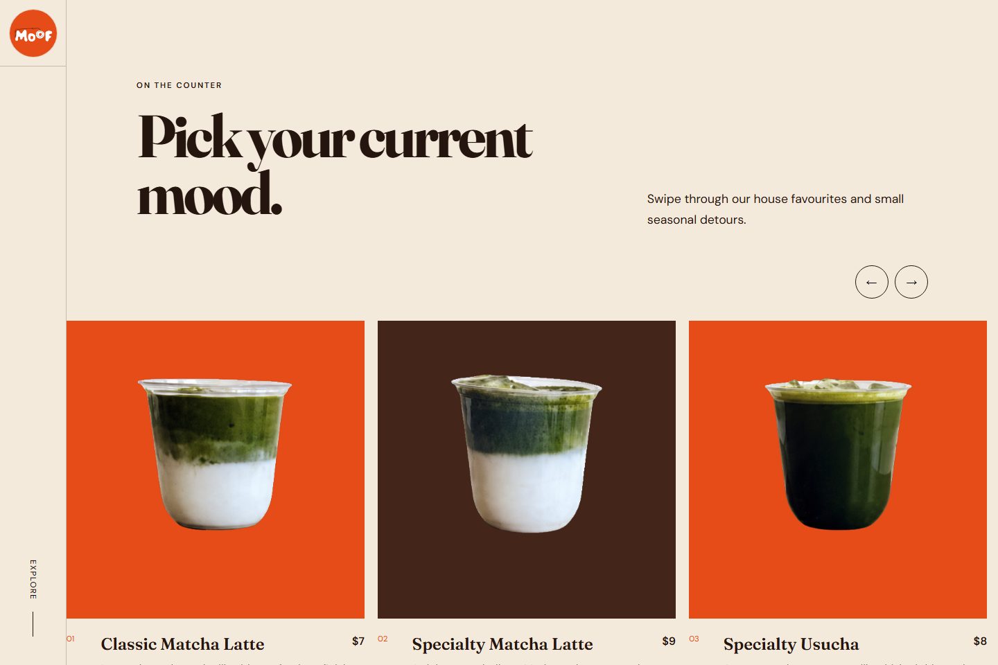 Moof “Pick your current mood” drinks carousel with matcha lattes on orange and brown panels