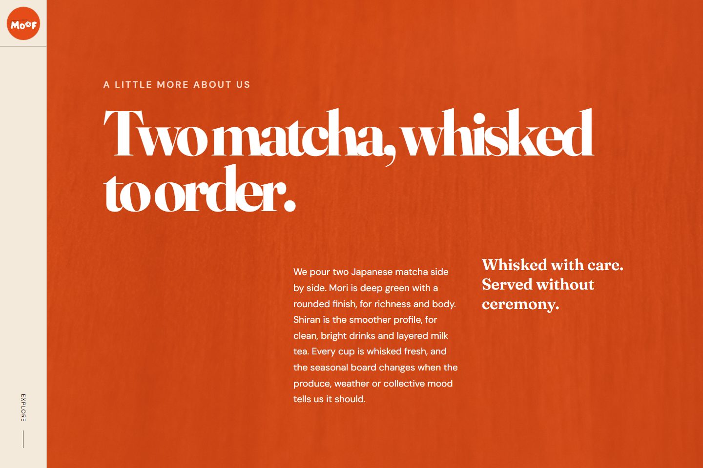 Moof story section “Two matcha, whisked to order.” set on an orange panel