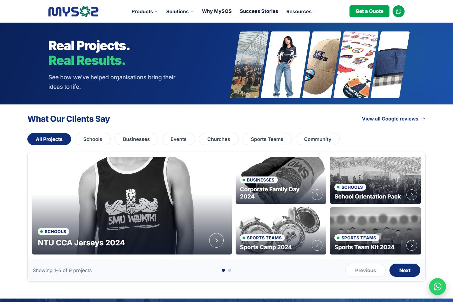 MySOS success stories page with filterable project cards for schools, businesses and sports teams